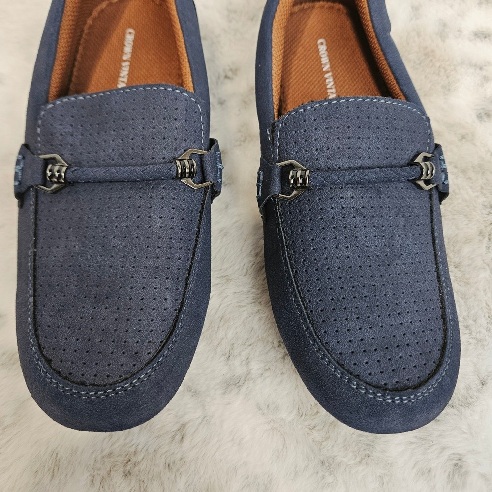 Crown Vintage Blue Leo Perforated Faux Suede Loafers 3 Boys Preppy Academia - Picture 3 of 8